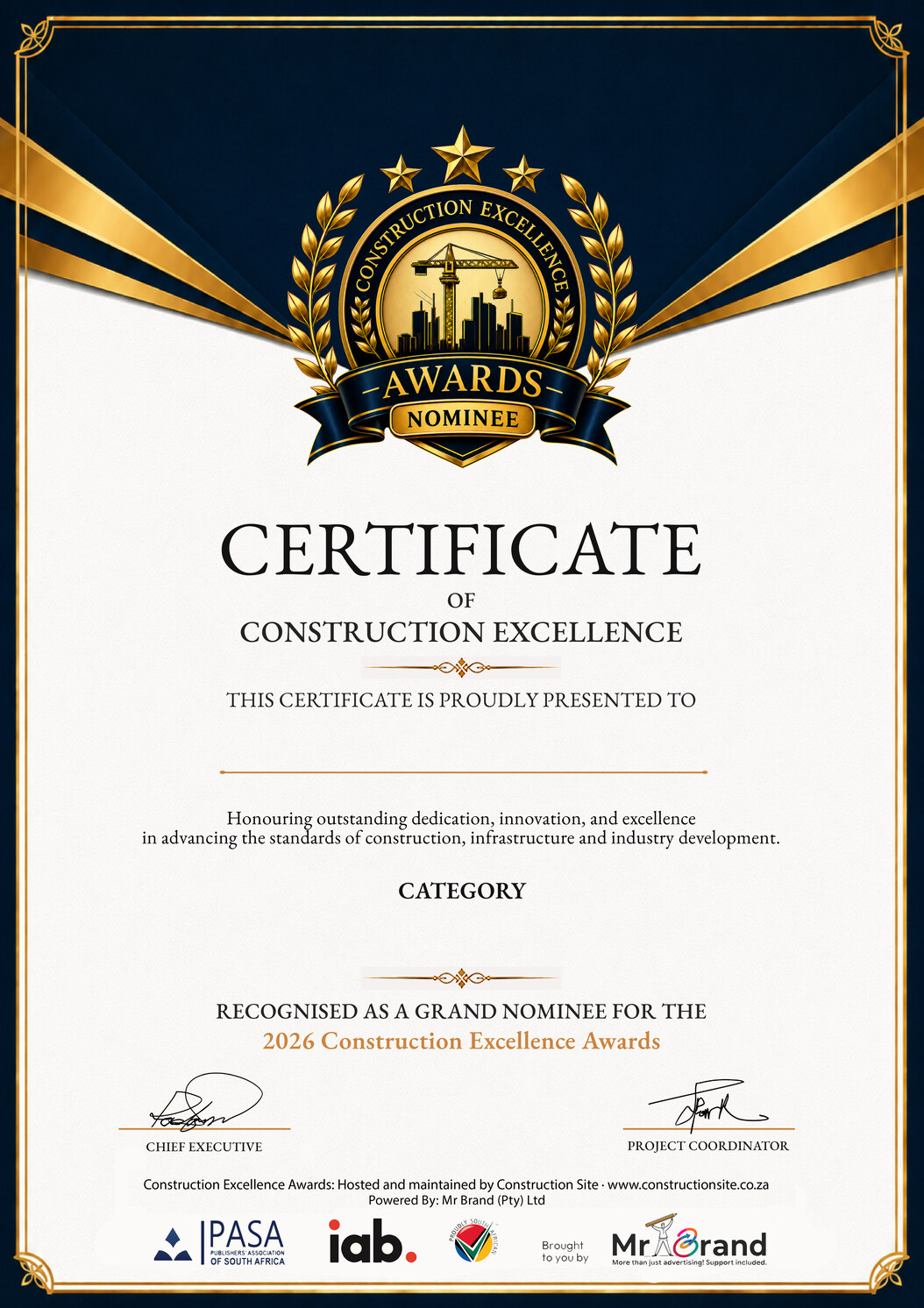 Certificate of Construction Excellence artwork preview